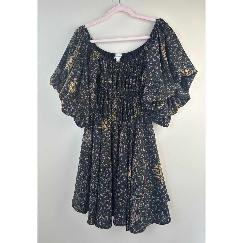 &merci Off the Shoulder Smocked Mini Dress Black Medium Floral Puff Sleeve Boho - Picture 2 of 10